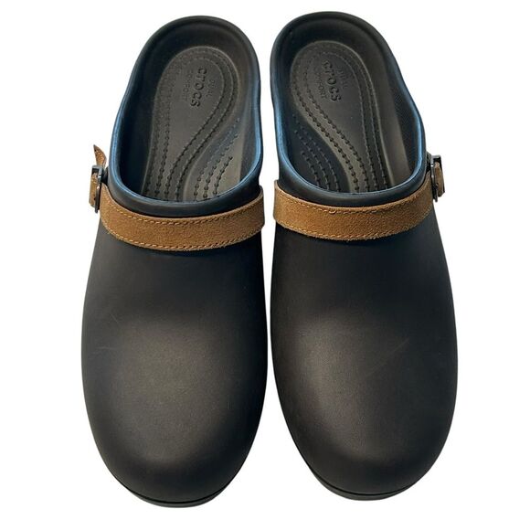 Crocs Women’s Size 11 Sarah Black Mules Clogs Brown Suede Buckle Strap‎ Comfort - Picture 7 of 9